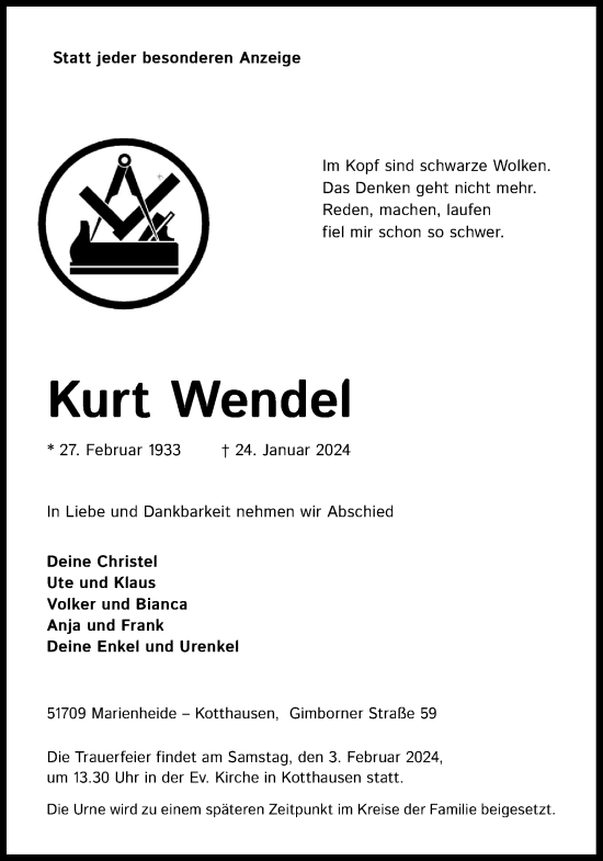 Anzeige von Kurt Wendel von Kölner Stadt-Anzeiger / Kölnische Rundschau / Express