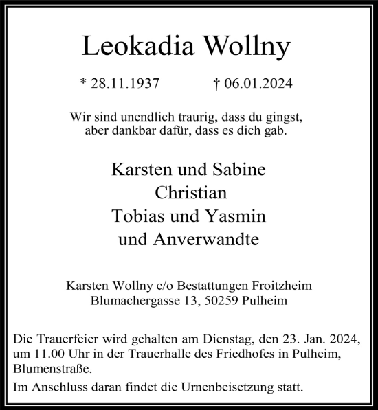 Anzeige von Leokadia Wollny von  Wochenende 