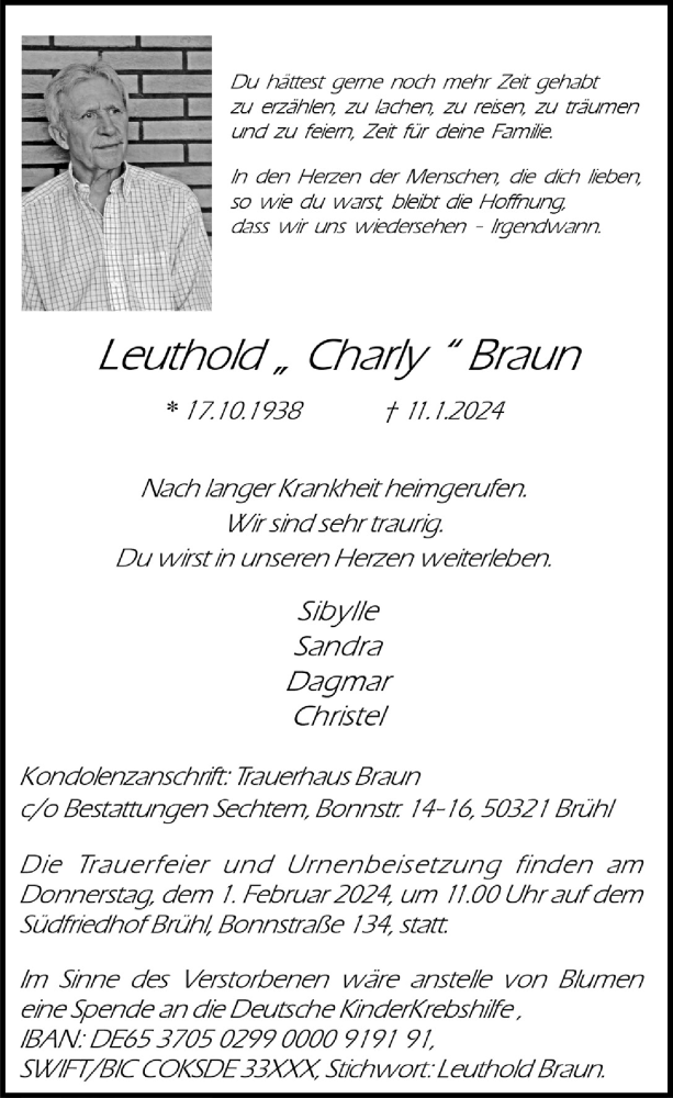  Traueranzeige für Leuthold Braun vom 26.01.2024 aus  Schlossbote/Werbekurier 