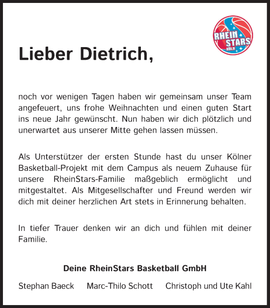 Anzeige von Lieber Dietrich  von Kölner Stadt-Anzeiger / Kölnische Rundschau / Express
