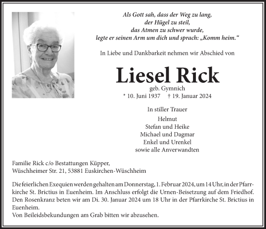 Anzeige von Liesel Rick von  Blickpunkt Euskirchen 