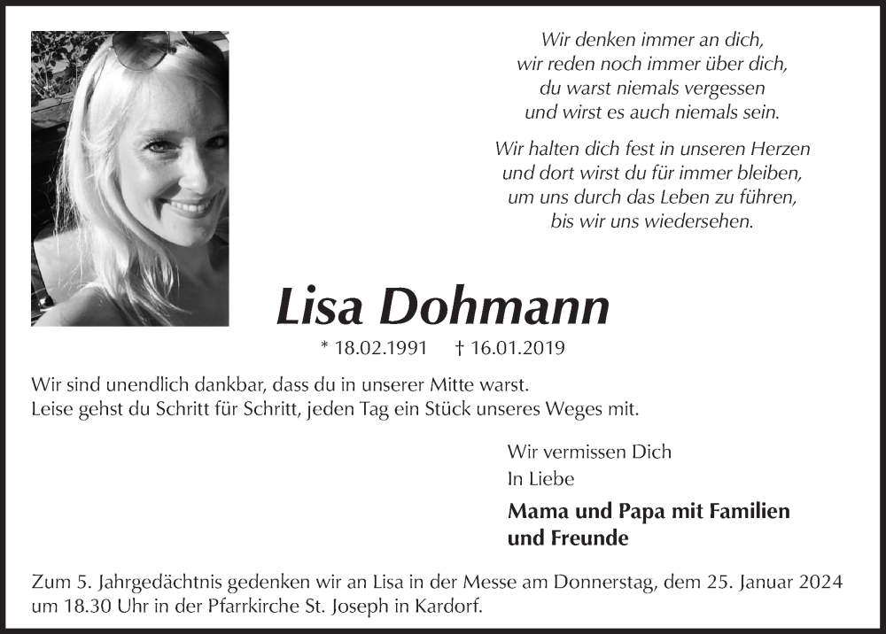  Traueranzeige für Lisa Dohmann vom 18.07.2023 aus  Schaufenster/Blickpunkt 