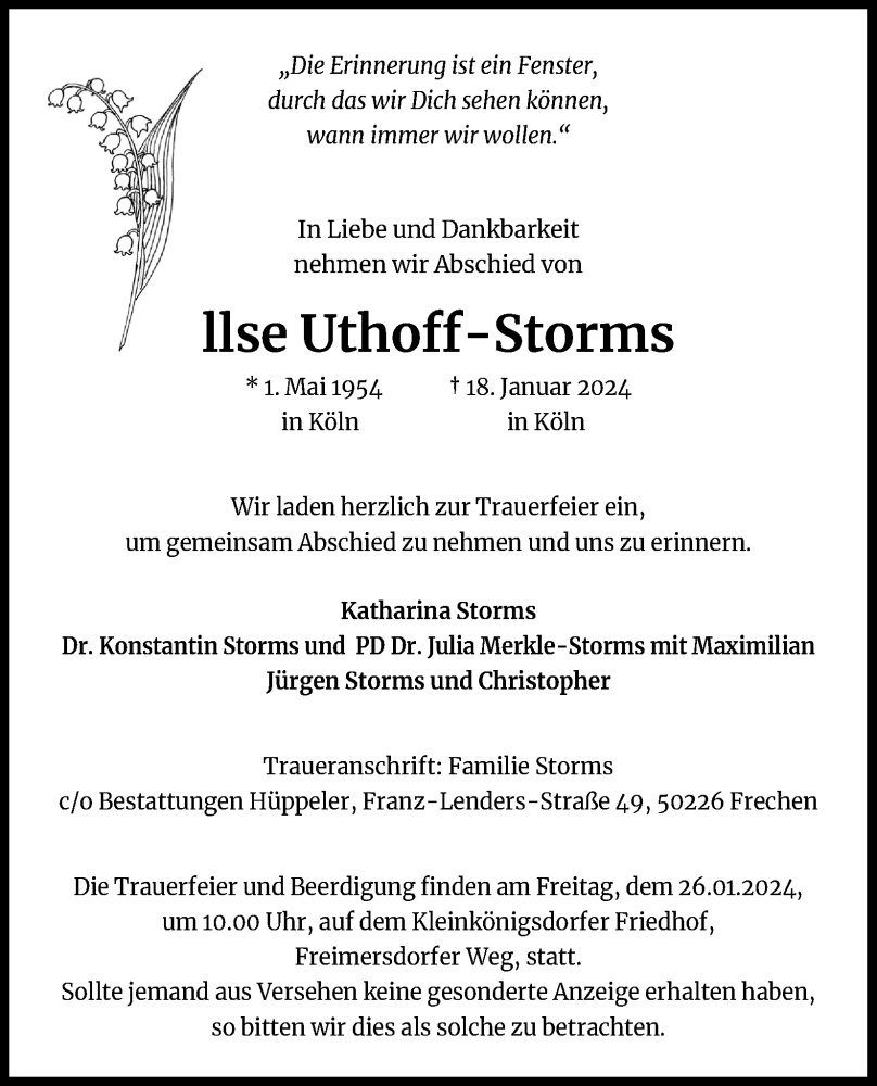  Traueranzeige für llse Uthoff-Storms vom 23.01.2024 aus Kölner Stadt-Anzeiger / Kölnische Rundschau / Express