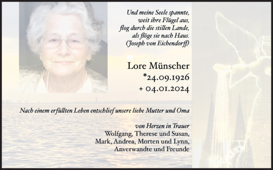 Anzeige von Lore Münscher von Kölner Stadt-Anzeiger / Kölnische Rundschau / Express