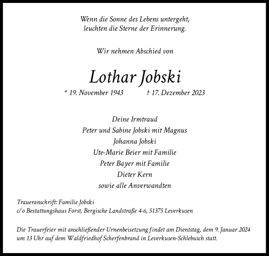 Anzeige von Lothar Jobski von Kölner Stadt-Anzeiger / Kölnische Rundschau / Express