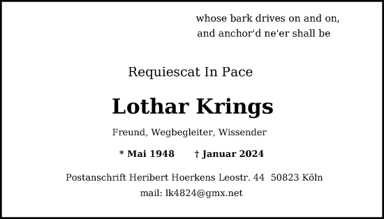 Anzeige von Lothar Krings von Kölner Stadt-Anzeiger / Kölnische Rundschau / Express