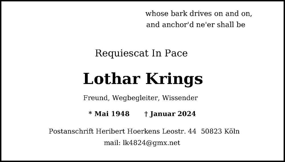  Traueranzeige für Lothar Krings vom 20.01.2024 aus Kölner Stadt-Anzeiger / Kölnische Rundschau / Express