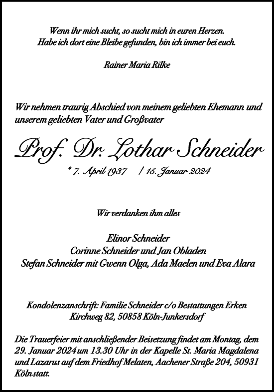 Anzeige von Lothar Schneider von Kölner Stadt-Anzeiger / Kölnische Rundschau / Express