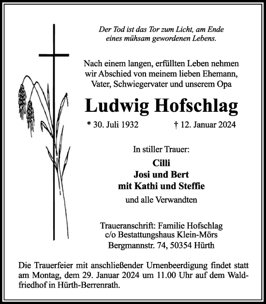 Anzeige von Ludwig Hofschlag von Kölner Stadt-Anzeiger / Kölnische Rundschau / Express