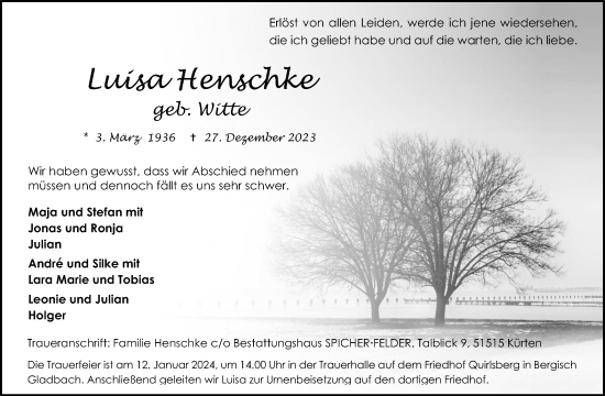 Anzeige von Luisa Henschke von Kölner Stadt-Anzeiger / Kölnische Rundschau / Express