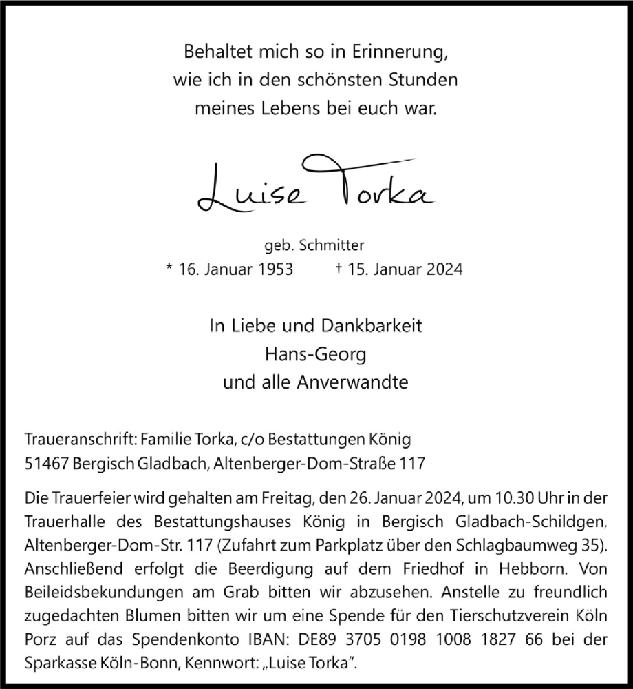  Traueranzeige für Luise Torka vom 19.01.2024 aus  Bergisches Handelsblatt 