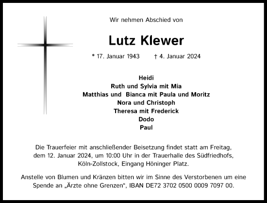 Anzeige von Lutz Klewer von Kölner Stadt-Anzeiger / Kölnische Rundschau / Express