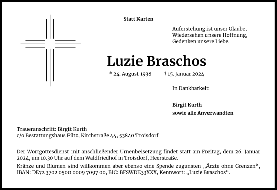 Anzeige von Luzie Braschos von Kölner Stadt-Anzeiger / Kölnische Rundschau / Express