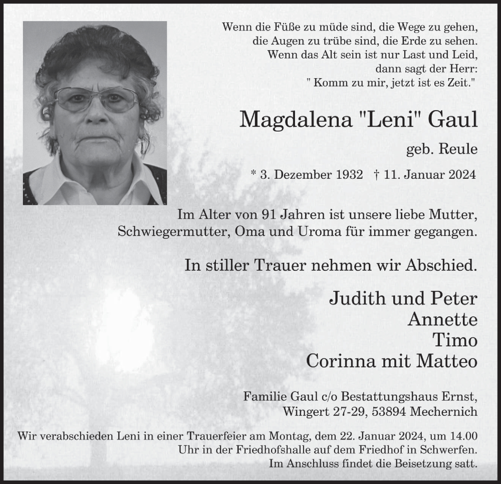  Traueranzeige für Magdalena Gaul vom 20.01.2024 aus  Blickpunkt Euskirchen 