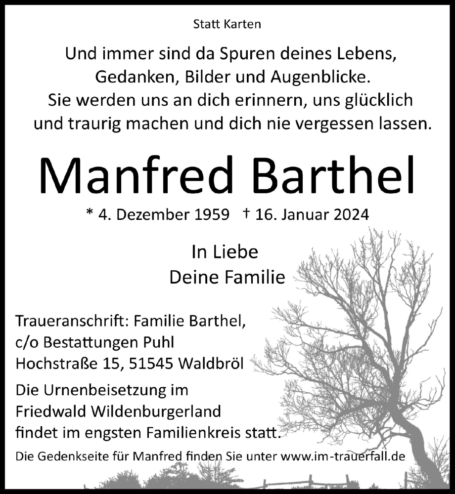  Traueranzeige für Manfred Barthel vom 26.01.2024 aus  Lokalanzeiger 