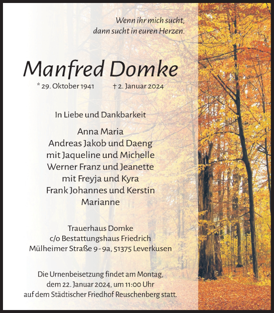 Anzeige von Manfred Domke von Kölner Stadt-Anzeiger / Kölnische Rundschau / Express
