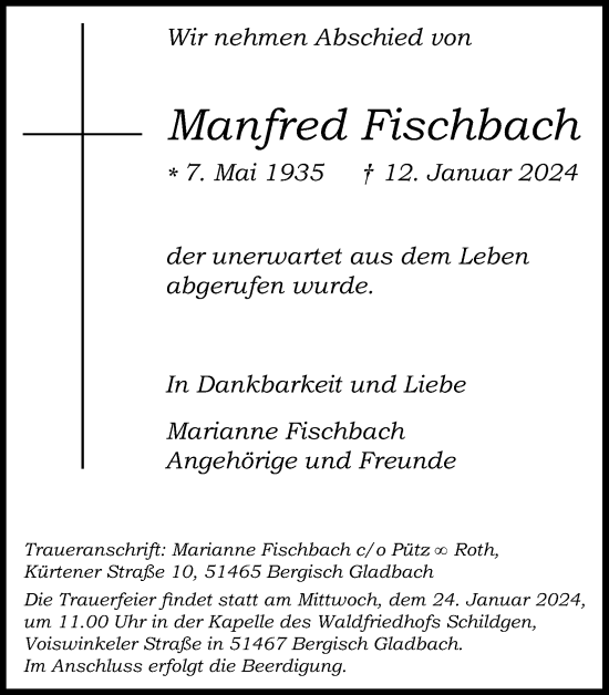 Anzeige von Manfred Fischbach von Kölner Stadt-Anzeiger / Kölnische Rundschau / Express