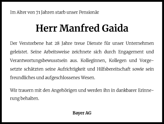 Anzeige von Manfred Gaida von Kölner Stadt-Anzeiger / Kölnische Rundschau / Express