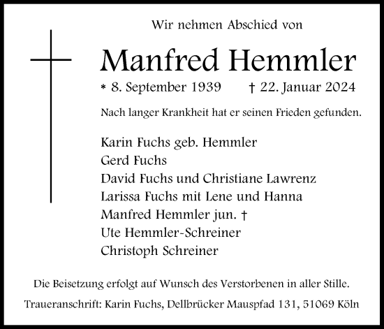 Anzeige von Manfred Hemmler von Kölner Stadt-Anzeiger / Kölnische Rundschau / Express
