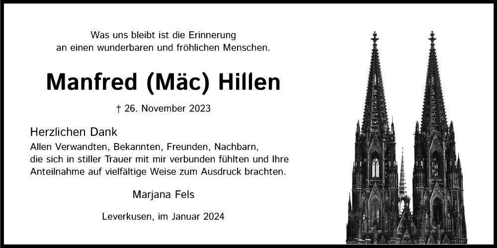  Traueranzeige für Manfred Hillen vom 06.01.2024 aus Kölner Stadt-Anzeiger / Kölnische Rundschau / Express