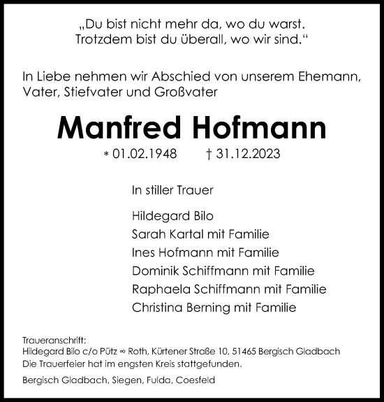 Anzeige von Manfred Hofmann von Kölner Stadt-Anzeiger / Kölnische Rundschau / Express