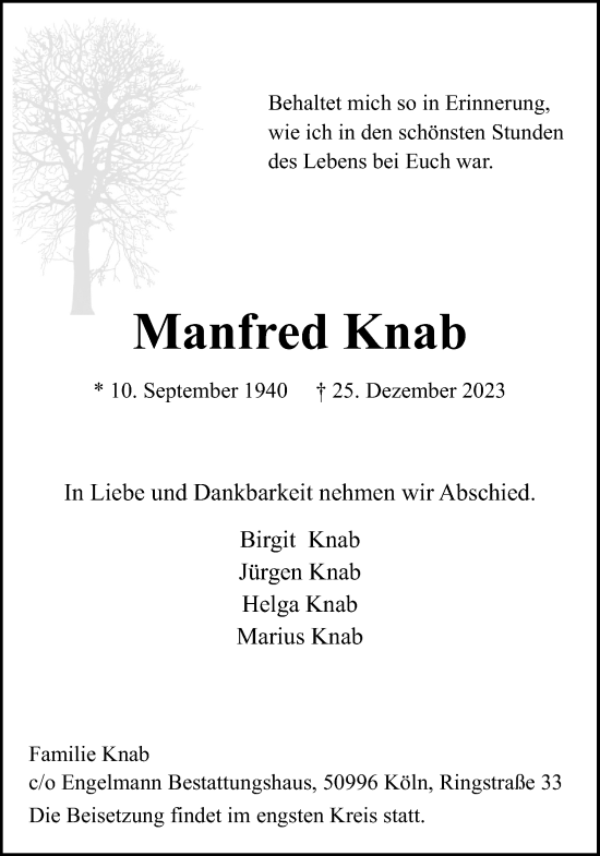 Anzeige von Manfred Knab von Kölner Stadt-Anzeiger / Kölnische Rundschau / Express