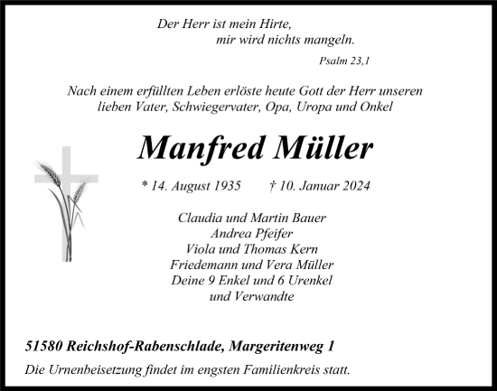 Anzeige von Manfred Müller von  Anzeigen Echo 