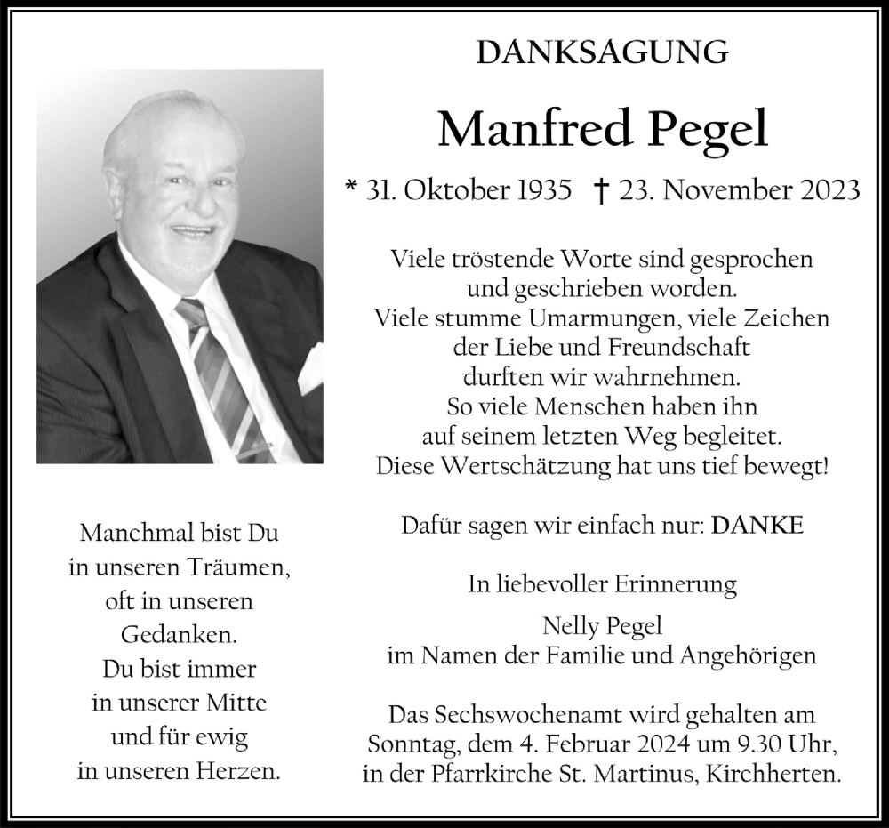  Traueranzeige für Manfred Pegel vom 26.01.2024 aus  Werbepost 