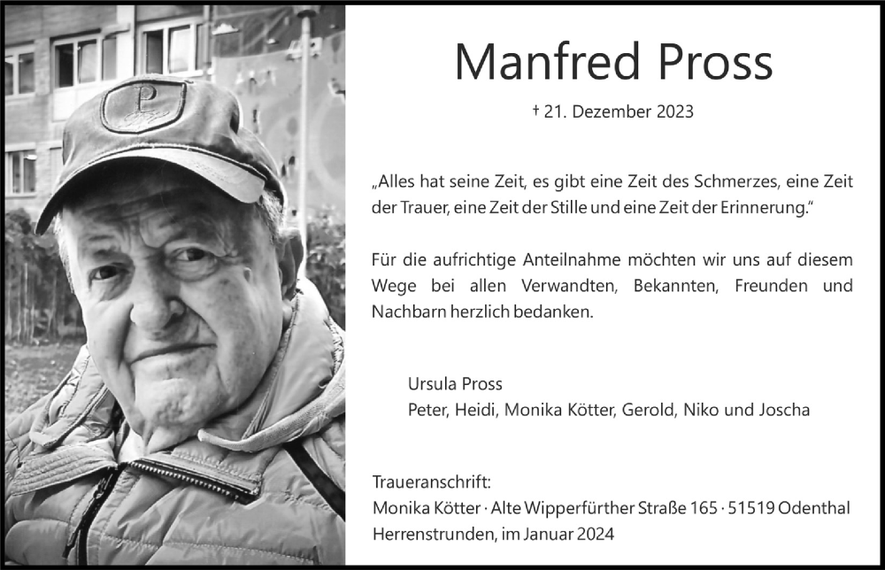  Traueranzeige für Manfred Pross vom 19.01.2024 aus  Bergisches Handelsblatt 