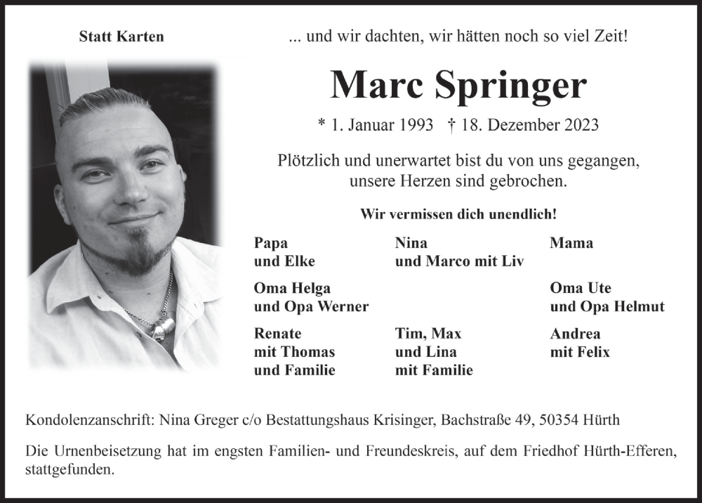 Traueranzeige für Marc Springer vom 19.01.2024 aus  Wochenende 