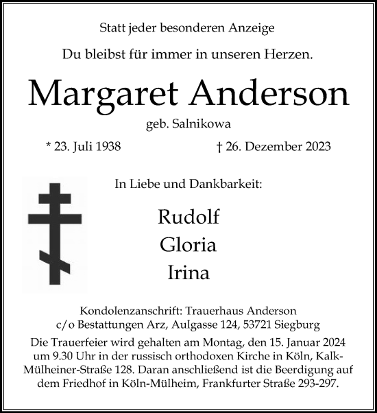 Anzeige von Margaret Anderson von Kölner Stadt-Anzeiger / Kölnische Rundschau / Express