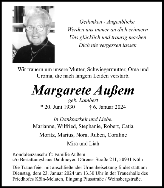 Anzeige von Margarete Außem von Kölner Stadt-Anzeiger / Kölnische Rundschau / Express