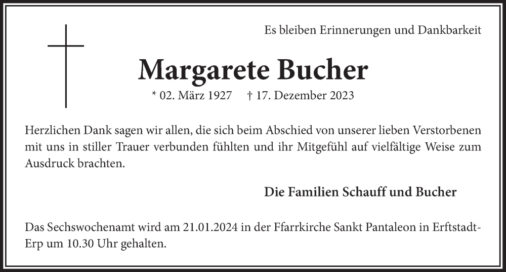  Traueranzeige für Margarete Bucher vom 12.01.2024 aus  Werbepost 