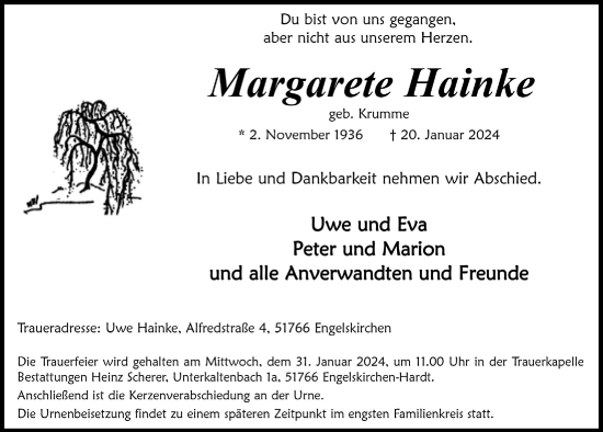 Anzeige von Margarete Hainke von  Anzeigen Echo 