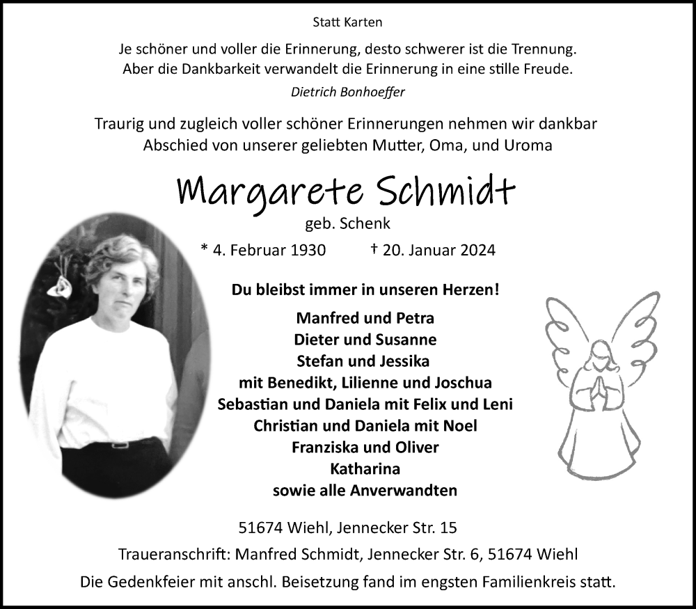  Traueranzeige für Margarete Schmidt vom 27.01.2024 aus Kölner Stadt-Anzeiger / Kölnische Rundschau / Express