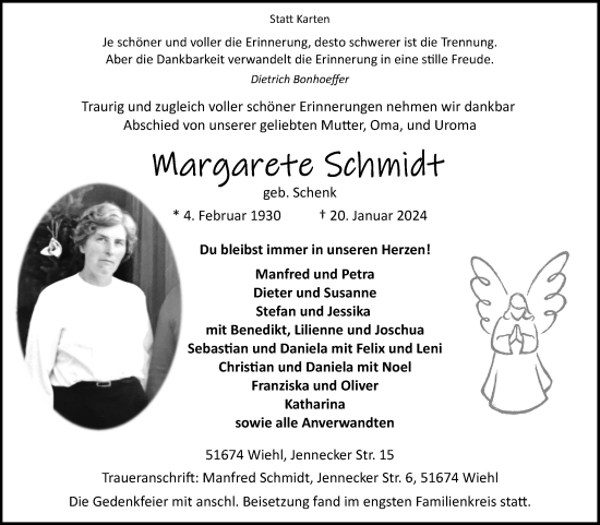Anzeige von Margarete Schmidt von Kölner Stadt-Anzeiger / Kölnische Rundschau / Express