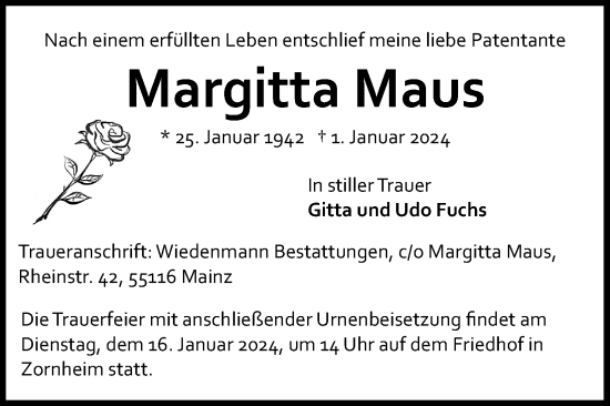 Anzeige von Margitta Maus von Kölner Stadt-Anzeiger / Kölnische Rundschau / Express