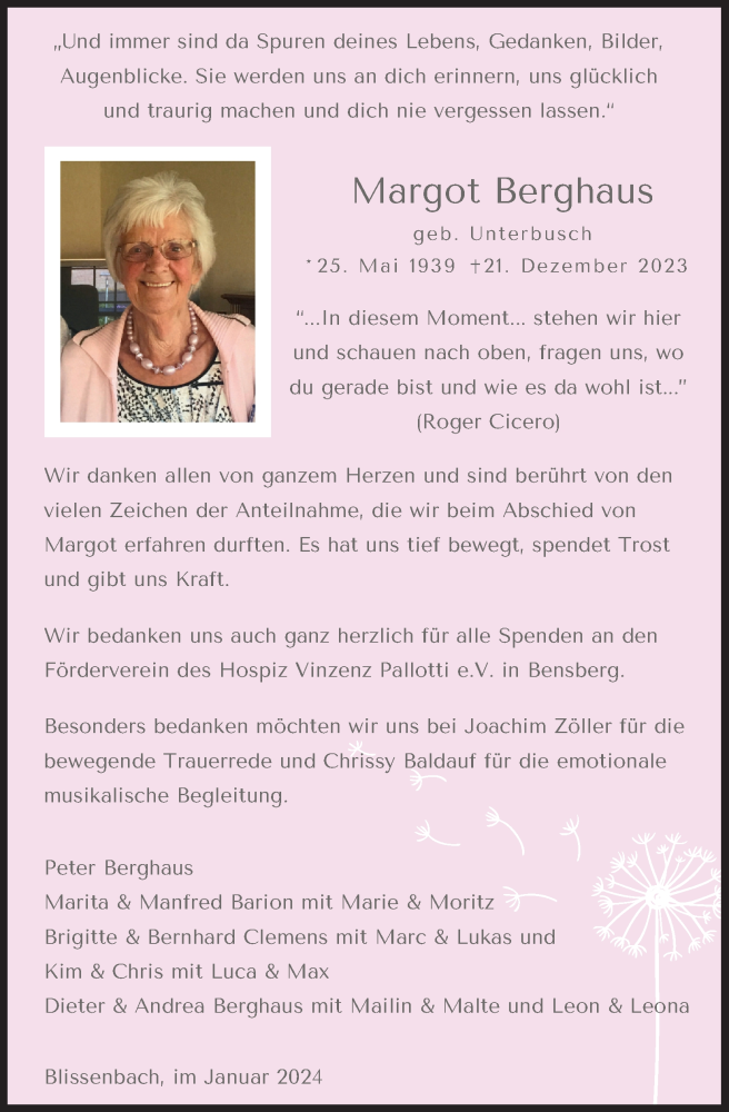  Traueranzeige für Margot Berghaus vom 20.01.2024 aus Kölner Stadt-Anzeiger / Kölnische Rundschau / Express