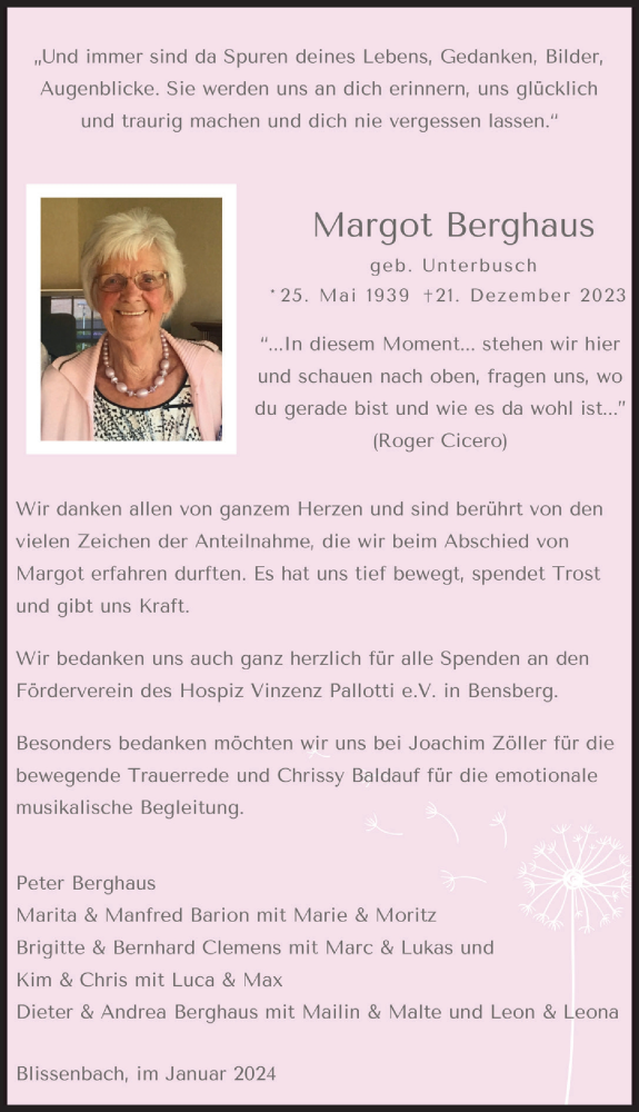  Traueranzeige für Margot Berghaus vom 19.01.2024 aus  Bergisches Handelsblatt 