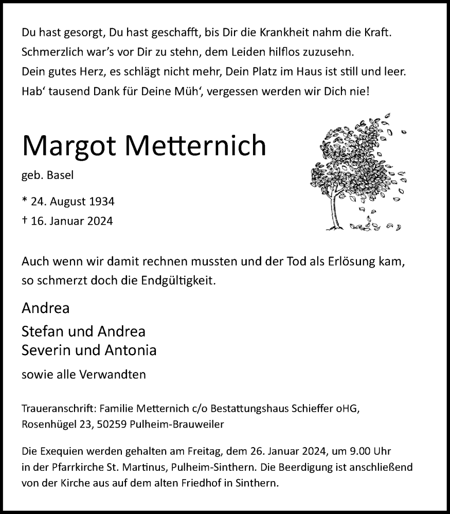  Traueranzeige für Margot Me!ernich vom 20.01.2024 aus Kölner Stadt-Anzeiger / Kölnische Rundschau / Express