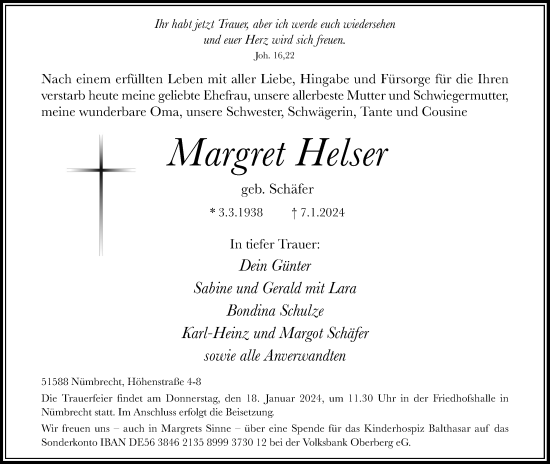 Anzeige von Margret Helser von Kölner Stadt-Anzeiger / Kölnische Rundschau / Express