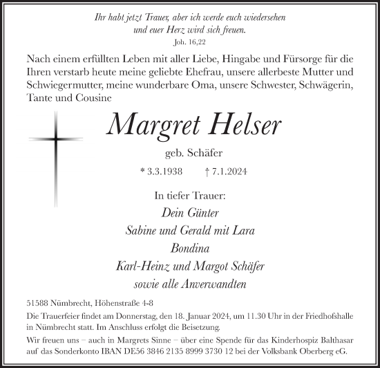 Anzeige von Margret Helser von  Lokalanzeiger 