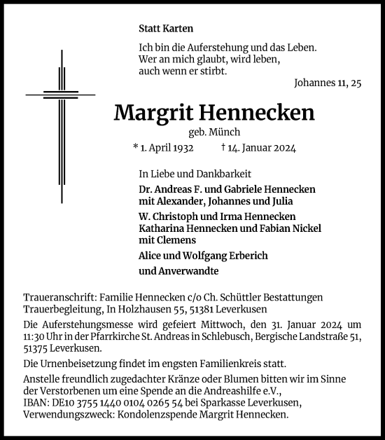 Anzeige von Margrit Hennecken von Kölner Stadt-Anzeiger / Kölnische Rundschau / Express