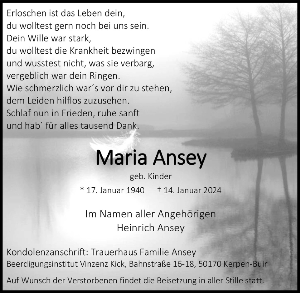  Traueranzeige für Maria Ansey vom 26.01.2024 aus  Werbepost 