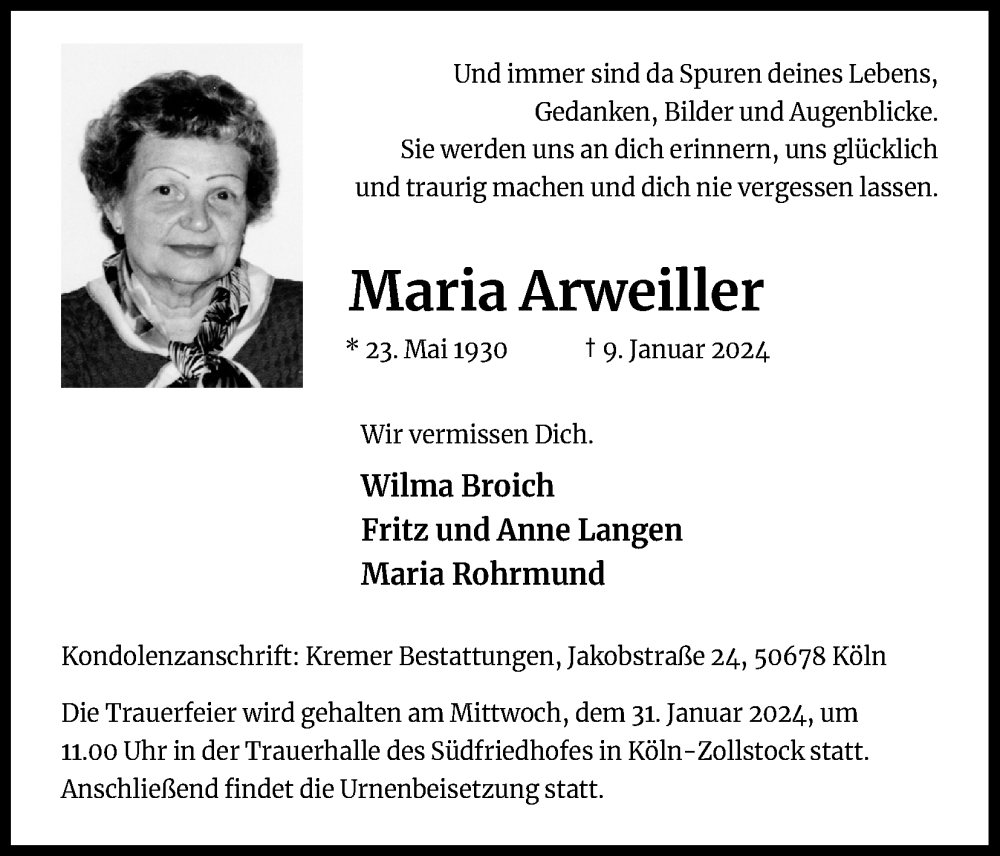  Traueranzeige für Maria Arweiller vom 20.01.2024 aus Kölner Stadt-Anzeiger / Kölnische Rundschau / Express