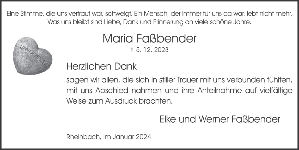  Traueranzeige für Maria Faßbender vom 26.01.2024 aus  Schaufenster/Blickpunkt 
