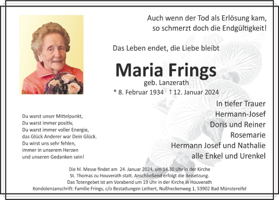 Anzeige von Maria Frings von  Blickpunkt Euskirchen 