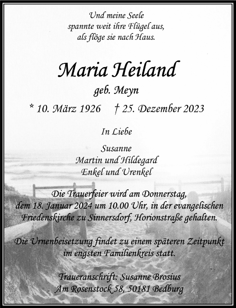  Traueranzeige für Maria Heiland vom 12.01.2024 aus  Werbepost 
