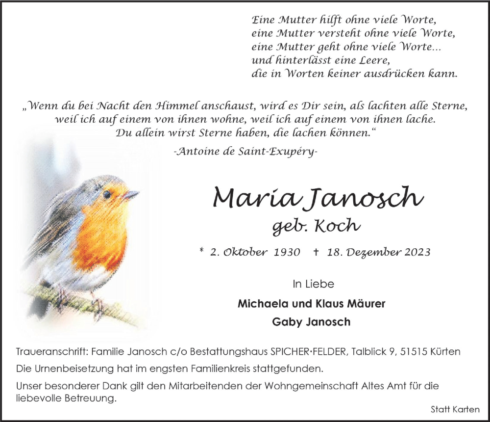  Traueranzeige für Maria Janosch vom 12.01.2024 aus  Bergisches Handelsblatt 