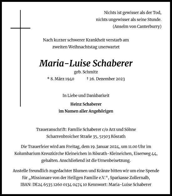 Anzeige von Maria-Luise Schaberer von Kölner Stadt-Anzeiger / Kölnische Rundschau / Express
